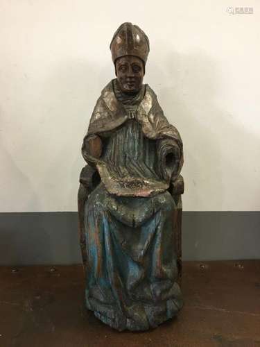 Saint Evêque en noyer sculpté et polychromé. Espag…