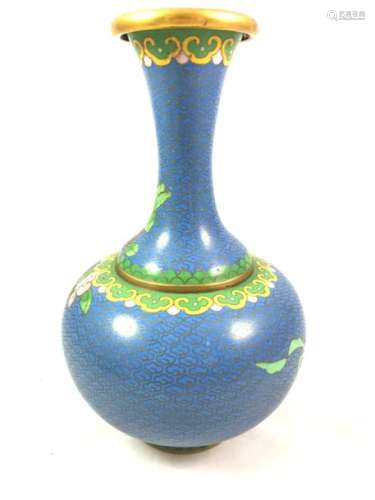 CHINA Suite of three cloisonné enamelled vases: one pear-shaped vase decorated with blooming chrysanthemums, the second decorated with ritual objects and the third depicting the dragon chasing the sacred pearl. The collars are decorated with Ruyi friezes. Height. 26 cm, 18.5 cm and 20.5 cm.