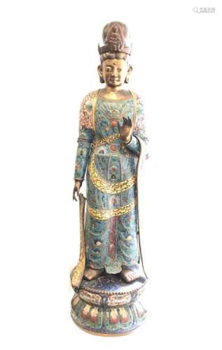 Large subject in cloisonné enamel on copper representing a Guayin standing on a lotus. Costume richly decorated with stylized flowers and plants in polychrome. Height: 117 cm.