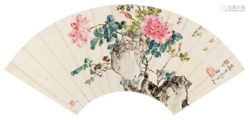 居廉（1828～1904） 花卉草虫 扇页 纸本