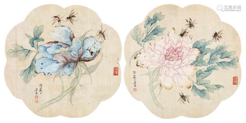 居廉（1828～1904） 花卉草虫 镜片 绢本