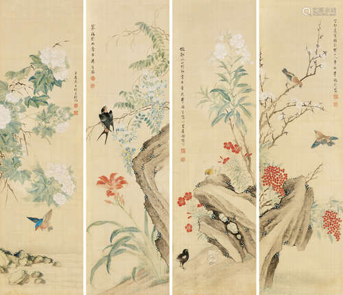 1870～1938 李荷生 花鸟四屏 设色纸本 立轴