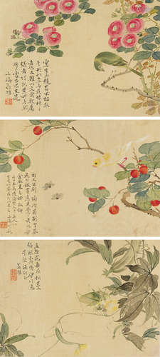 1790～1849 翁小海 花鸟三帧 设色绫本 镜心