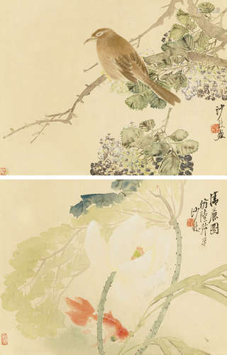 1831～1906 沙馥 花鸟二帧 设色绢本 立轴