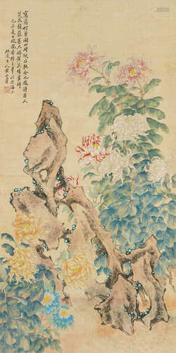 1855～1919 黄山寿 菊花寿石图 设色绢本 立轴