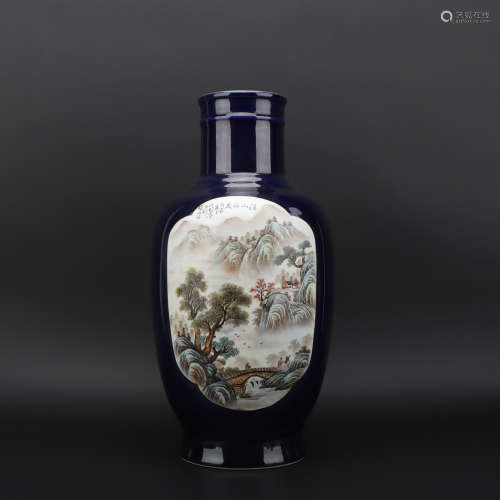 A blue glazed 'landscape' vase