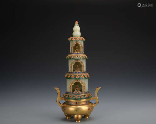 A gilt bronze jade pagoda