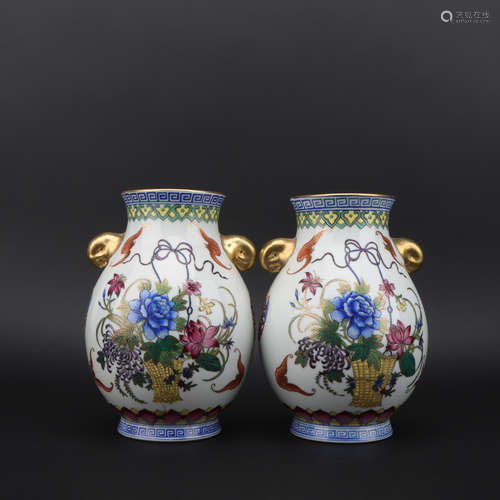 A pair of enamel 'floral' jar