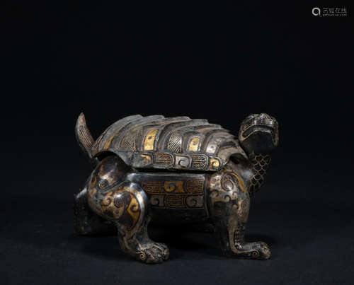 A bronze turtle ware with gold and silver