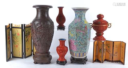 A Peoples Republic hexagonal baluster vase with overglaze decoration of phoenixes chrysanthemums and