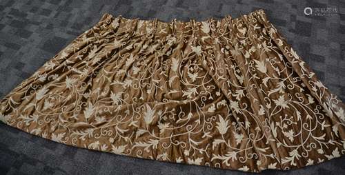 A pair of cotton lined floral embroidered curtains, on a brown velvet ground, 115cm x 270cm (2)