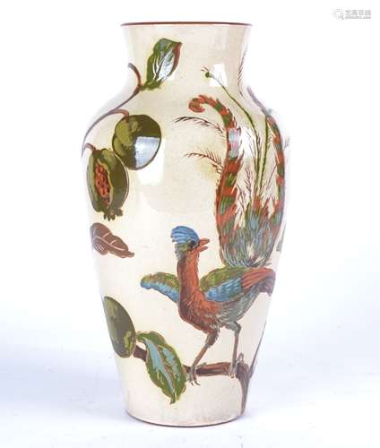 A pair of Watcombe Torquay pottery vase with sgraffito decoration of birds, depicting an exotic