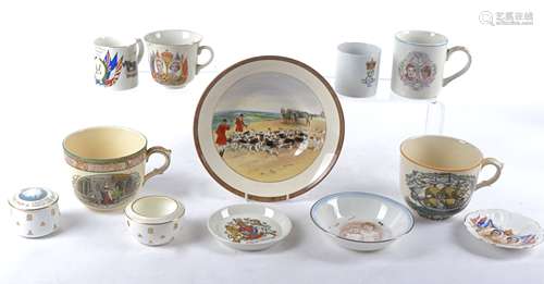 A small group of commemoratives and transfer printed wares to include a Sunderland pink lustre