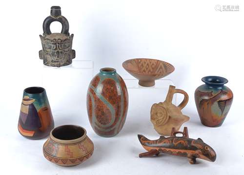 A group of ceramics from South America with pre-Columbian style designs, to include a conical