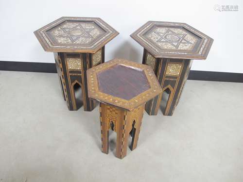 A pair of Moorish style octagonal occasional tables, with mother of pearl and ebony inlay set