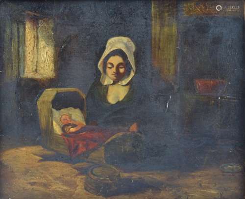 An early 19th Century oil on canvas, mother and child, unsigned, 24cm x 30cm, framed signs of