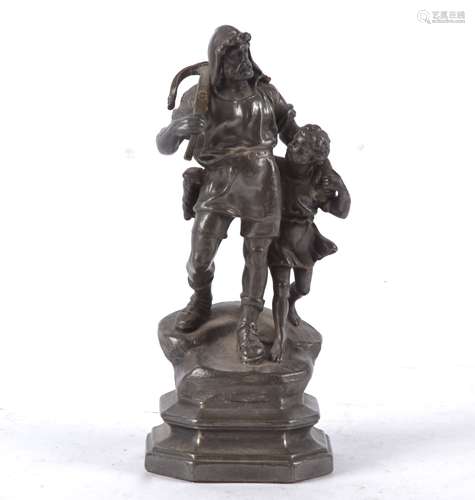 A late Victorian WMF pewter figure of William Tell, the edge of the metal lower base with