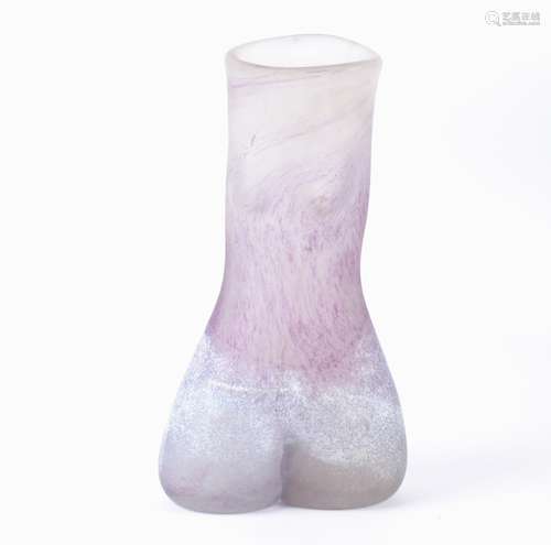 A late 20th Century signed art glass female torso vase, the surface with white and purple