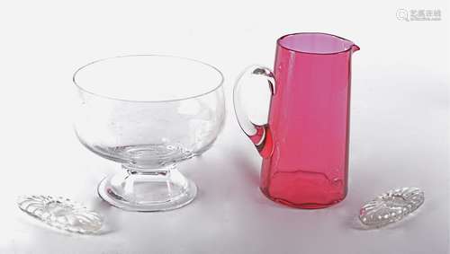 A small group of 19th Century and later glassware to include a glass comport with cartouches of