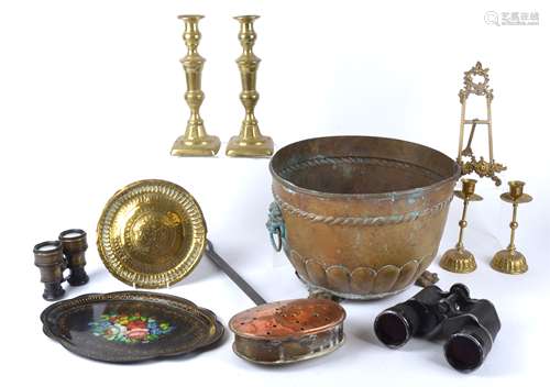 A small group of assorted metal ware and collectables to include an Eastern enamelled tray, with