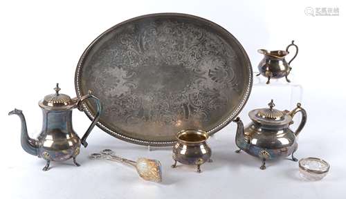 A silver collared cut glass bowl hallmarked for London, together with a quantity of silver plated