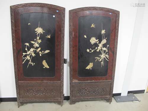 An Oriental lacquered two fold screen, carved surround, birds and foliate bone inlay decoration