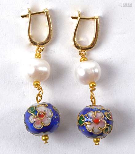 A pair of pearl and lapis lazuli earrings, with cloisonné formed floral design (pair)