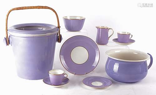 An Aynsley chamber pot and wash pail together with a variety of tea wares, all in a lavender