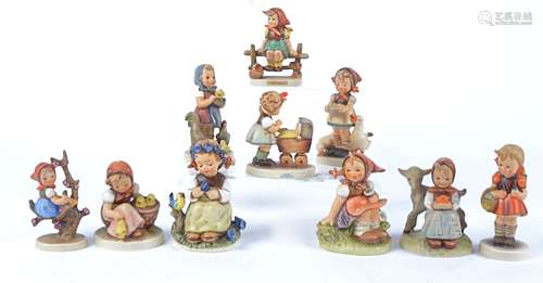 Ten Goebel Hummel figures of young girls, comprising 'In the Meadow' no.459, 'Just Resting' no.