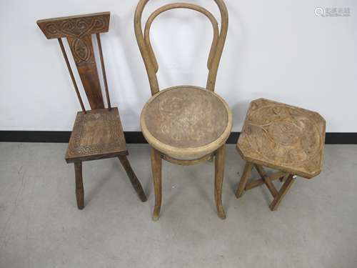 A Thornet bentwood tall Child's chair, sold together with a small hardwood carved topped