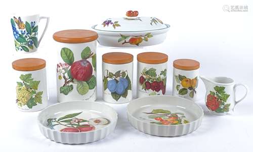 A collection of Portmeirion Pottery kitchenware, including a quiche dish five lidded jars and a