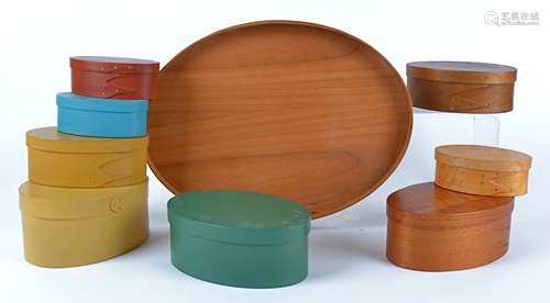 A quantity of natural and polychrome Shaker style boxes of oval form, each example hand crafted in