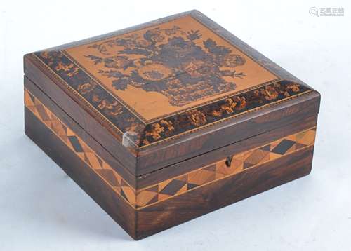 A Victorian rosewood Tunbridge ware box with inlaid micro mosaic decoration in the form of a