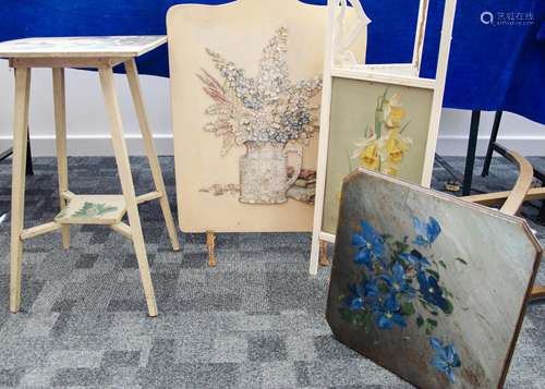 A collection of painted occasional furniture, including a poppy painted square table, on four