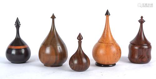 Paul Swan (Contemporary British) five turned wood objet d'art, of various exotic timbers, each