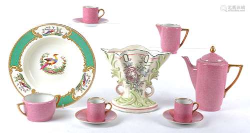 A Soho pottery 'Solian Ware' part coffee set, in a pink colourway, height of coffee pot 20cm,