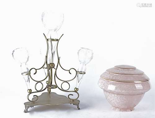 A 20th Century engraved glass epergne raised upon a trefoil metal support, with four bowls, each