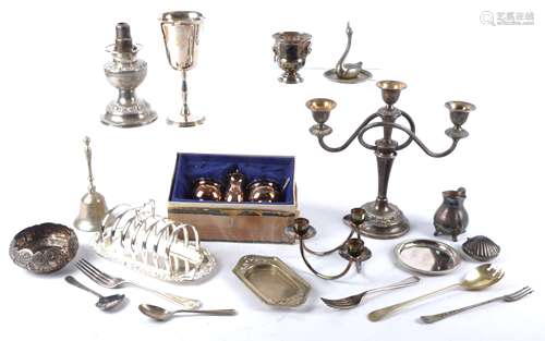 A quantity of silver plated decorative tableware to include a three branch Danish candlestick