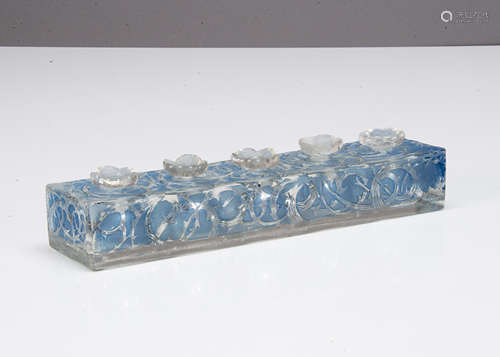 A Rene Lalique Les Fleurs d'Orsary stained blue and frosted clear glass Flacon Presentoir and