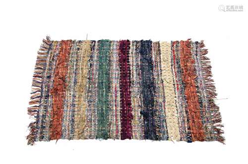 A mid 20th Century ragwork rug, with striped pattern design in greens, orange and blue 118cm x