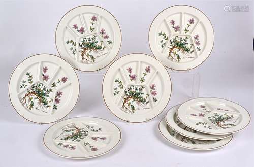 Eight Villeroy & Bosch botanical tapas / crudité plates, all with flowering thyme plants, diameter