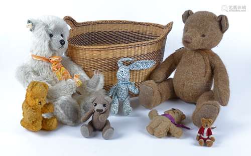 Six contemporary teddy bears, one a British 'Bear Loom by Meggie' height 34cm and a cloth rabbit, in