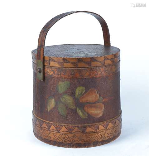 A 20th Century pokerwork wooden cylindrical casket with decoration of fruits, height 34cm,