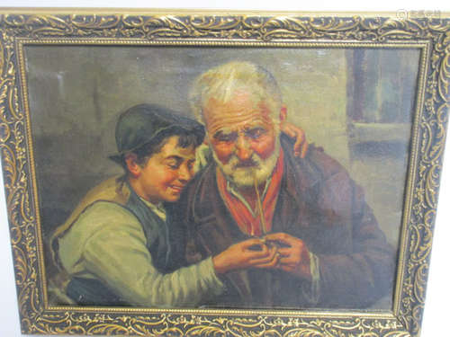 An Italian school oil on board, a grandfather and grandson smoking a pipe, internal dimensions,