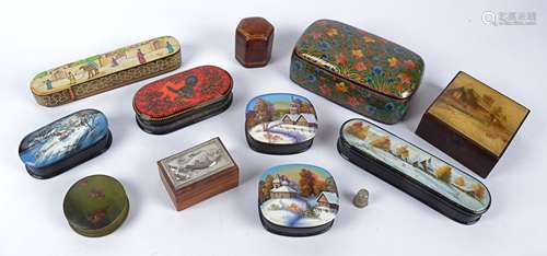 A small group of lacquered wood pots, to include Russian Winter scenic examples, one with a