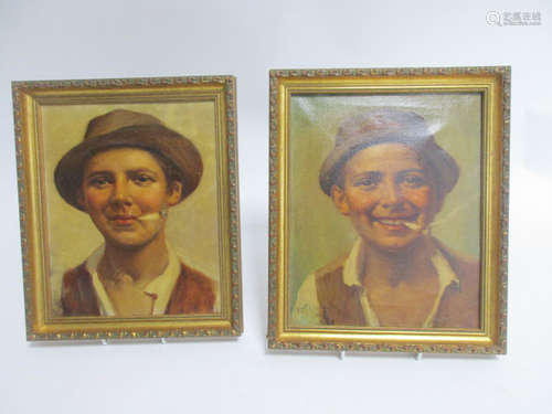 A pair of early 20th Century oils on canvas, boys smoking, signed (lower left) 'Rossi', internal