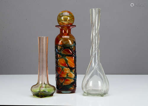 An Art Nouveau green and pink bottle vase, the bulbous base with four trail design, 20cm high