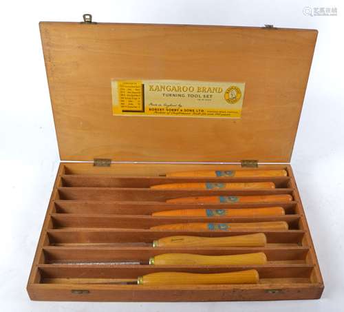 A 'Kangaroo Brand' turning tool part set in case for turning wood, together with three 'Marples'