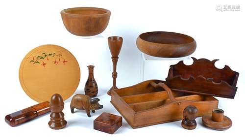 A small collection of assorted treen, to include an ebonised tray, 30cm x 18cm, a mahogany letter