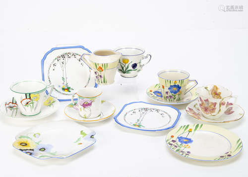 A small collection of Art Deco trios and teacups and saucers, including a Morley Fox and Co Ltd